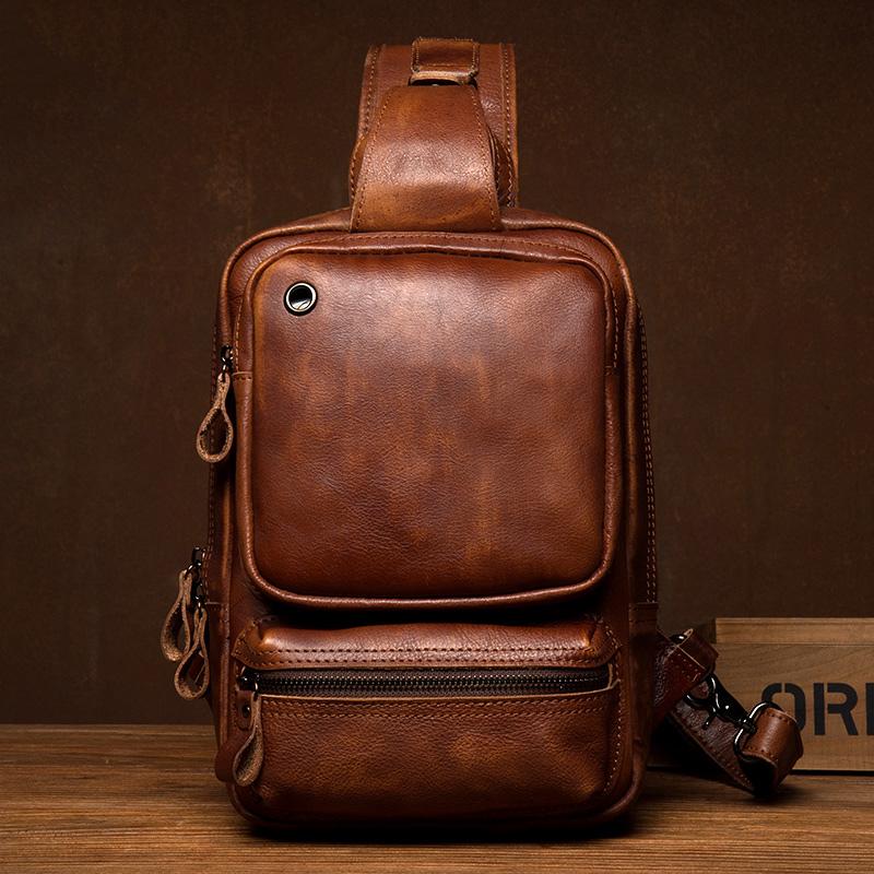 Casual Brown Leather Mens Sling Pack Sling Bag Chest Bag One Shoulder Backpack for Men
