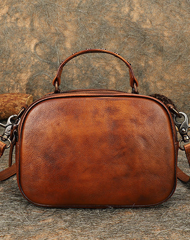 Vintage Brown Leather Womens Around Handbag Shoulder Bags Crossbody Purse for Women