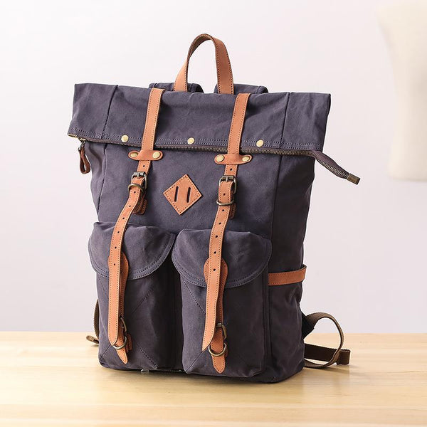Waxed Canvas Leather Mens Dark Gray Waterproof 15‘’ Large Backpack Travel Backpa JCYC02291015