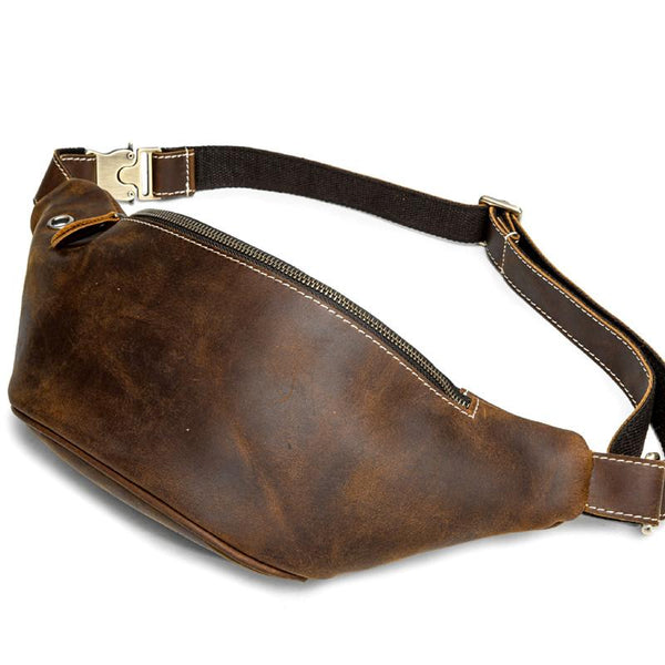Vintage Brown Leather Fanny Pack Men's Chest - Back View