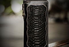 Handmade leather raw python skin biker wallet long wallet black leather chain wallet for men