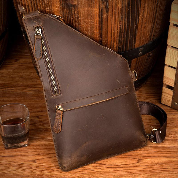 Cool Brown Leather Mens Sling Bag Crossbody - Back View