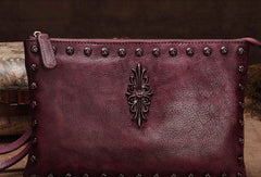 Genuine Leather Rivet Handbag Clutch Vintage Crossbody Bag Shoulder Bag Purse For Women - EverHandmade