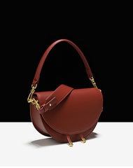 Cute Womens Coffee Leather Saddle Round Handbag Shoulder Bag Round Crossbody Purse for Women