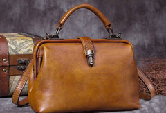 Handmade Tan Leather Handbag Vintage Doctor Bag - Open View