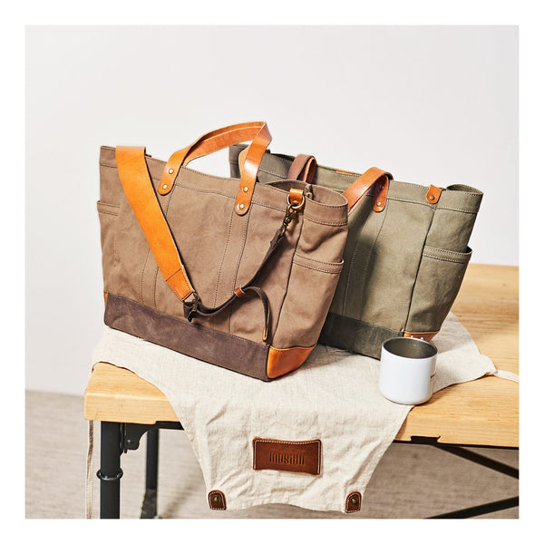 Canvas Leather Mens 14 inches Green Tote - Back View