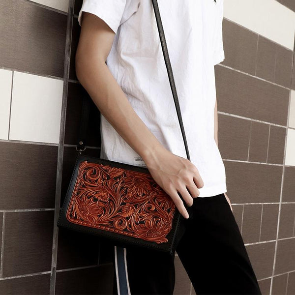 Handmade Black Tooled Floral Leather Messenger Bags - Back View