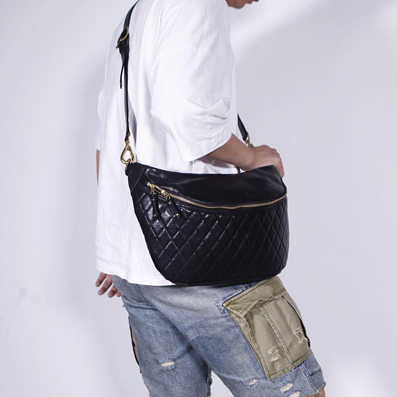 Fashion BLACK LEATHER MEN'S 12 INCHES Saddle Side Bag BLACK MESSENGER BAGs Courier BAG FOR MEN