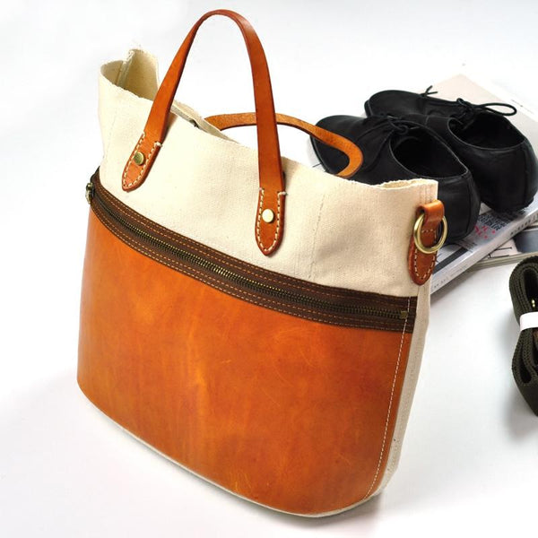 White Leather Canvas Womens Mens Tote Handbag - Back View