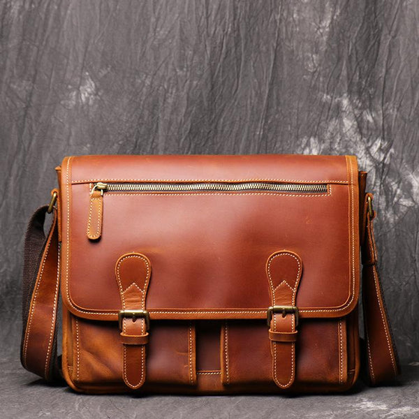 Cool Brown LEATHER MENS 12'' Side BAG - Back View
