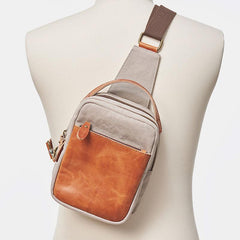 Cool Gray Canvas Leather Mens Sling Bag Chest Bag One Shoulder Pack for men