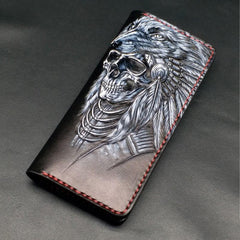 Black Handmade Tooled Japanese Samurai Skull Leather Mens Long Wallet Bifold Long Wallet For Men