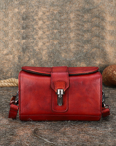 Vintage Red Leather Womens Box Shoulder Bag - Front View
