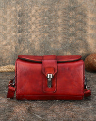 Vintage Red Leather Womens Box Shoulder Bag - Front View