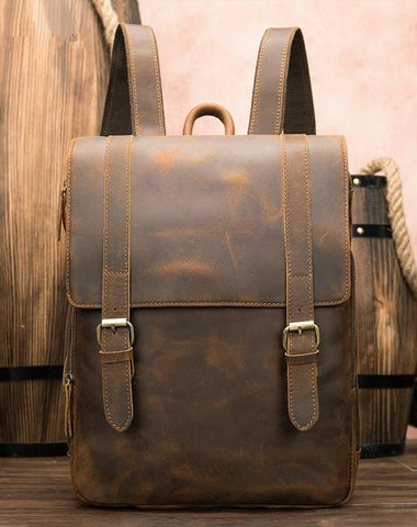 Vintage Brown Leather Men's 14inch Laptop Backpack College Backpack For Men