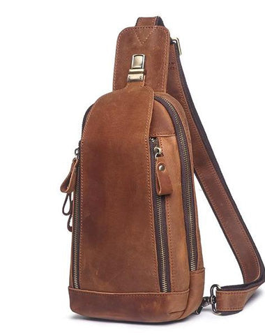 Cool Brown Leather Men's Sling Bag Chest Bag One-Shoulder Backpack For Men