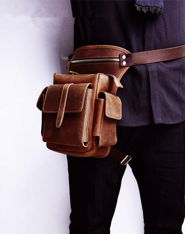 Cool Brown Leather Men's Drop Leg Bag Small Side Bag Belt Pouch Waist Bag For Men