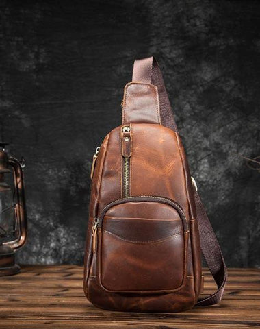 Cool Brown Leather Men's Sling Bag Chest Bag Vintage One Shoulder Backpack For Men