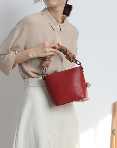 Stylish Leather Red Bucket Handbag Shoulder Bag Barrel Purse For Women