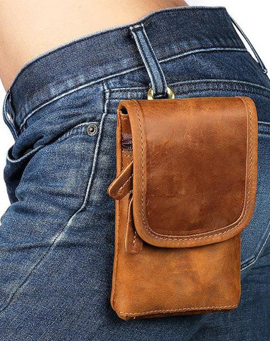 Casual  Brown Leather Cell Phone HOLSTER Belt Pouch for Men Waist Bags BELT BAG For Men