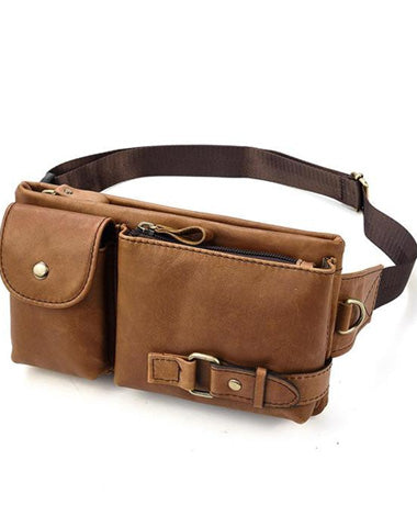 Fashion Brown Leather Men's Fanny Pack Black Hip Pack Waist Bag For Men