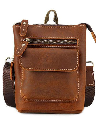 Cool Dark Brown Leather Mens Belt Pouch Mini Shoulder Bags Waist Bags For Men