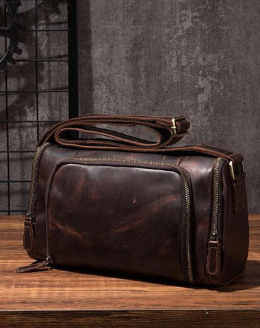 Cool Leather Small Mens Barrel Side Bag Bucket Shoulder Bag Messenger Bag for Men