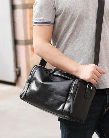 Fashion Black Leather Men's Small Barrel Side Bag Messenger Bag