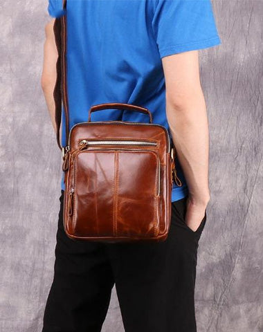 Cool Brown Leather Men's Small Vertical Side Bag Blue Vertical Messenger Bag For Men