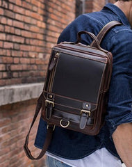 Cool Leather Coffee Mens Backpack Vintage School Backpack Laptop Backpack for Men