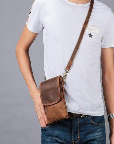 Cool Brown Leather Mens Mini Shoulder Bag Belt Pouch Waist Bag