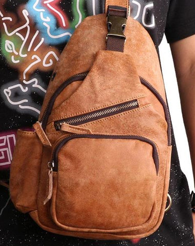 Cool Camel Leather Chest Bag Sling Bag Sling Crossbody Bags For Men