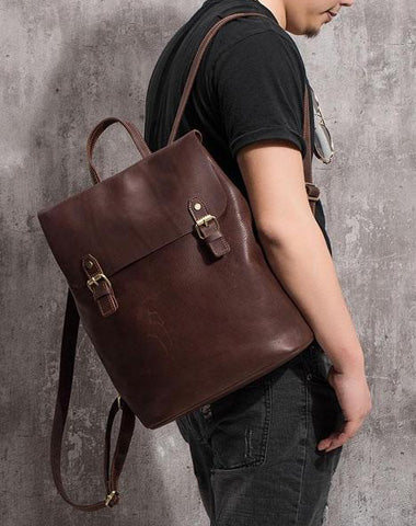 Vintage Mens Coffee Leather Backpack Travel Backpack Leather Hiking Backpack for Men