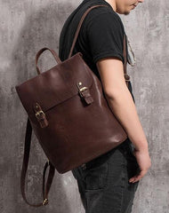 Vintage Mens Coffee Leather Backpack Travel Backpack Leather Hiking Backpack for Men