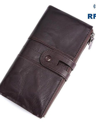 RFID Cool Leather Brown Men's Bifold Long Wallet Multi Cards Black Long Wallet For Men