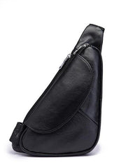 Cool Black Leather Mens Sling Bag Chest Bag One-Shoulder Backpack For Men