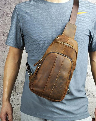 Cool Brown Mens Leather One Shoulder Backpack Chest Bag Sling Bags For Men