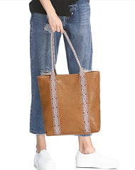 Country Style Black Leather Tote Bag Shopper Bag Brown Tote Purse For Women