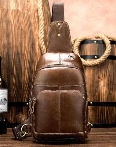 Fashionable Brown Leather Men's Chest Bag Sling Bag One Shoulder Backpack For Men