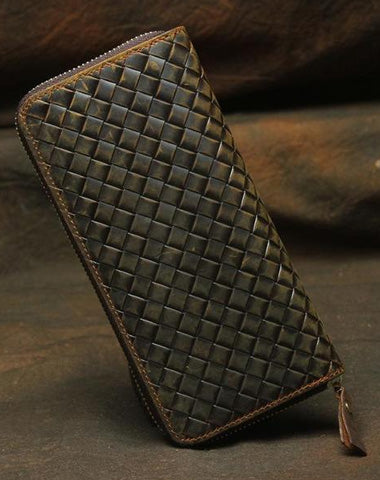 Vintage Braided Brown Leather Men's Clutch Long Wallet Zipper Long Wallet For Men