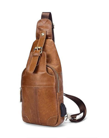 Cool Leather Brown Men's Sling Bag Chest Bag One Shoulder Backpack For Men