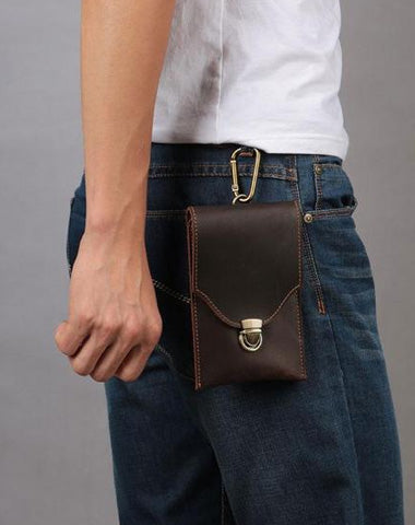 Cool Dark Brown Leather Mens Belt Pouch Mini Waist Bag Belt Bags For Men