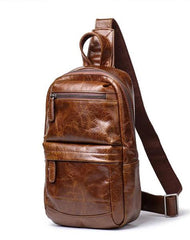 Cool Black Leather Men's Sling Bag Chest Bag Sling Crossbody Bag Brown One Shoulder Backpack For Men
