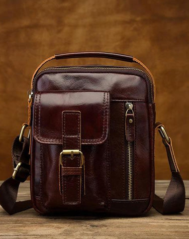 Vintage Black Leather Men's Small Vertical Side Bag Brown Shoulder Bag Handbag For Men
