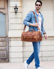 Cool Brown Leather Men's Overnight Bag Travel Bag Luggage Weekender Bag For Men