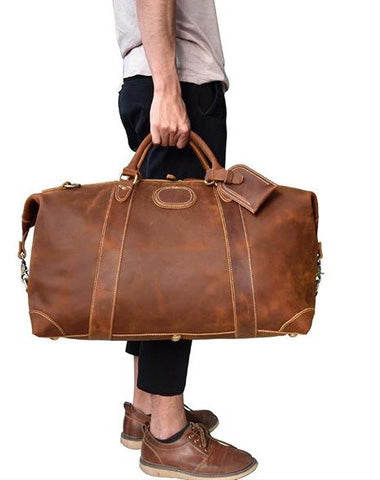Cool Dark Brown Leather Mens Barrel Overnight BagsWeekender Bags Travel Bag For Men
