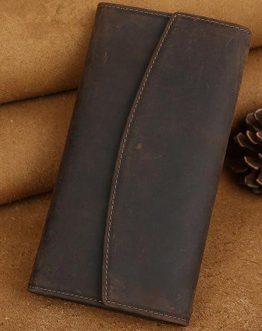 Cool Leather Wallet Men's Trifold Long Wallet Vintage Long Wallet For Men