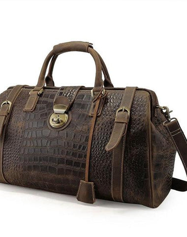 Cool Dark Brown Leather Men Alligator Pattern Doctor Bag Travel Bags Weekender Bags For Men