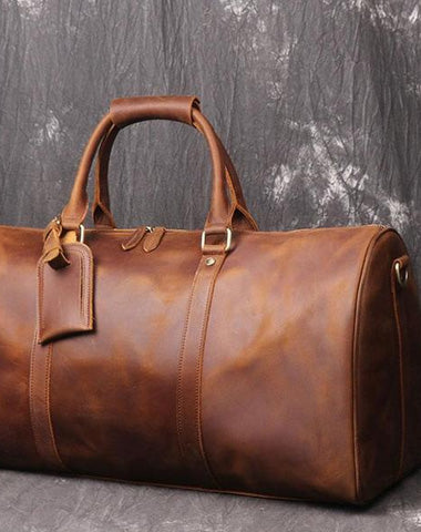 Cool Brown Leather Mens Overnight Bag Duffle Bag Travel Bag Weekender Bag for Men