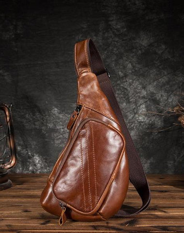 Cool Brown Leather Men's Sling Bag Chest Bag One Shoulder Backpack For Men